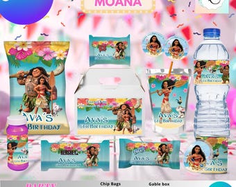 Party Labels - Princess Moana - Birthday- GIRL Birthday - 10 Party Favor Labels - Digital Download- PDF Files
