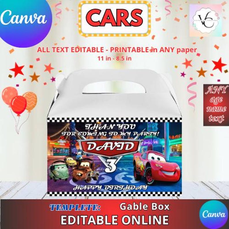Party Labels - CARS - Gable Box Template, Edit Yourself in CANVA. Party ...