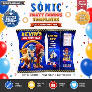 May include: A digital template for Sonic the Hedgehog themed party favor chip bags. The design features blue backgrounds with Sonic, Tails, and Knuckles characters, text reading Kevin's 4th Birthday, Thank You For Coming To My Party, and a nutrition label.