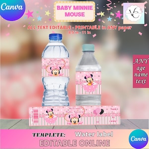 Baby Minnie Mouse Water Bottle Labels Template, EDIT Yourself in CANVA. Party Kit. Online template.