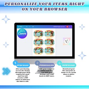 Pu&ograve; includere: Uno schermo di computer mostra un modello di design con il testo "MOANA Pringles cup snack". L'immagine include istruzioni per l'acquisto, la personalizzazione e il download del design. Il testo "PERSONALIZZA I TUOI ARTICOLI DIRETTAMENTE SUL TUO BROWSER" &egrave; in alto.