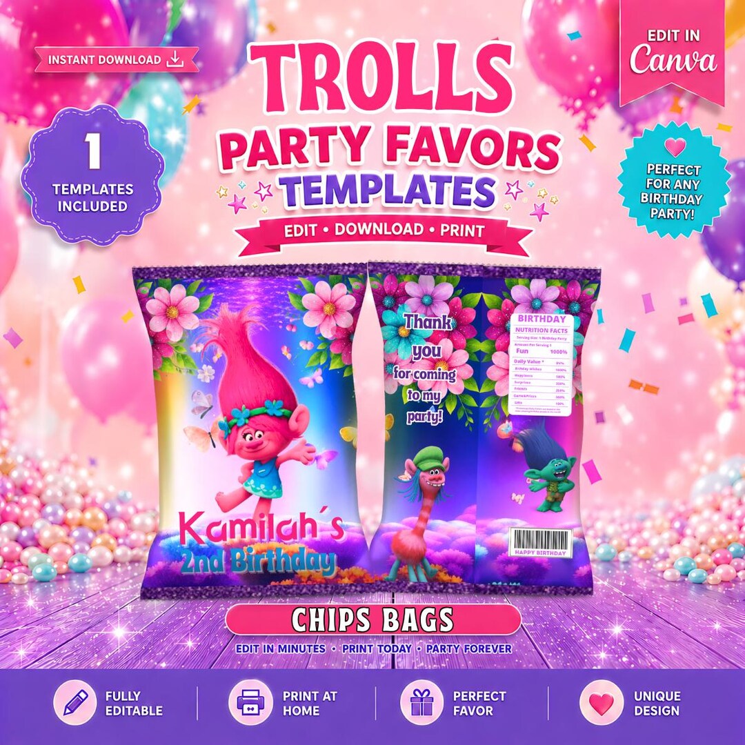 Troll Paper Labels Party Labels - Trolls - Chips Bag Template, EDIT Yourself in CANVA ...