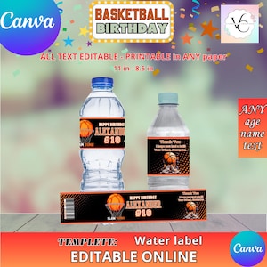 Basketball - Water Bottle Labels Template, EDIT Yourself in CANVA. Party Kit. Online template.