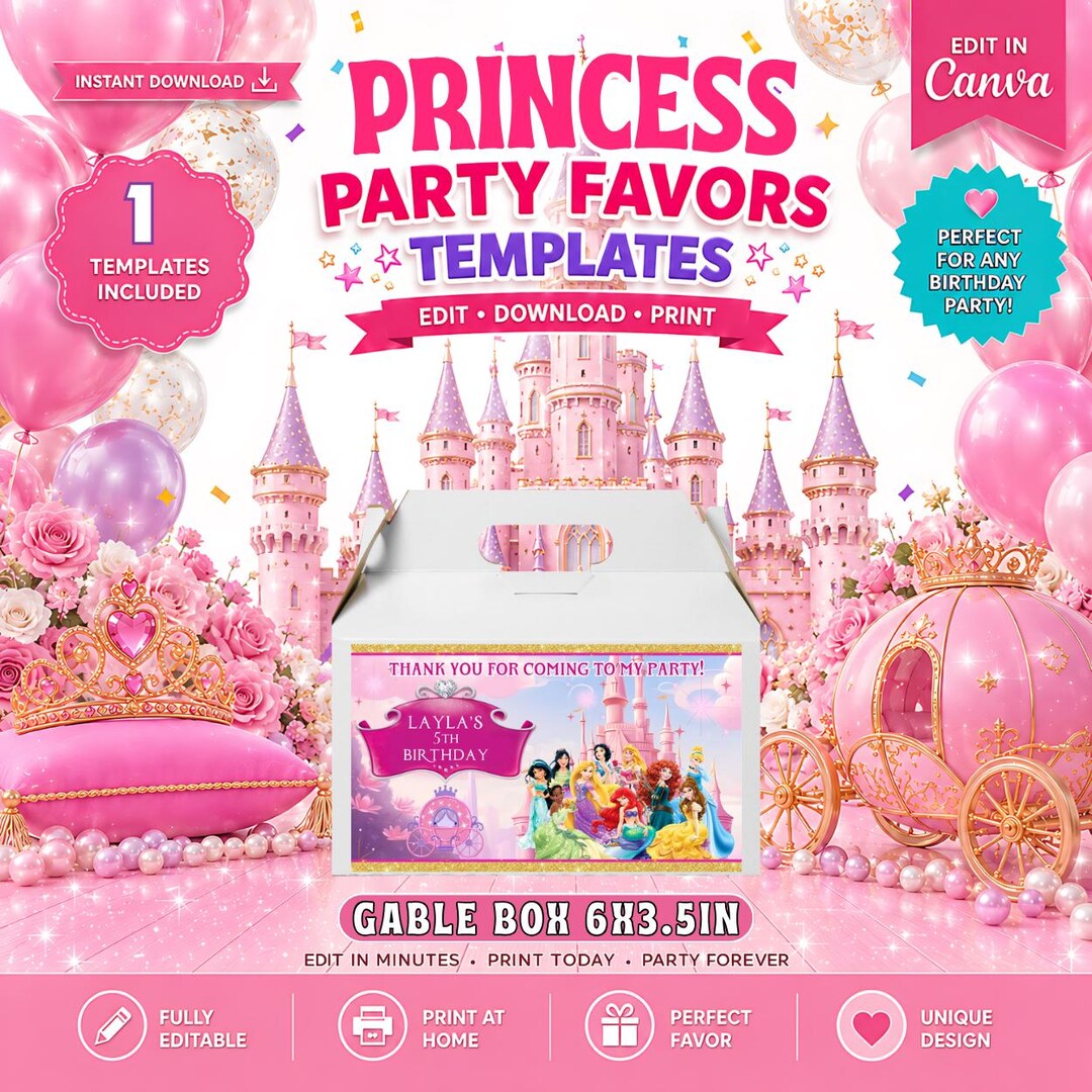 Princess Gable Box Princess - Gable box Template, EDIT Yourself in CANVA - Etsy México