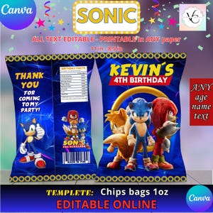 Etichette per feste - Sonic - Modello borsa patatine, MODIFICA te stesso in CANVA. Kit per feste. Modello online