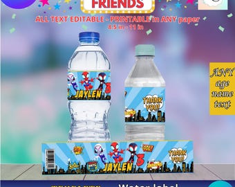 Party Labels - Spidey and friends - Water Bottle Labels Template, EDIT Yourself in CANVA. Online template.