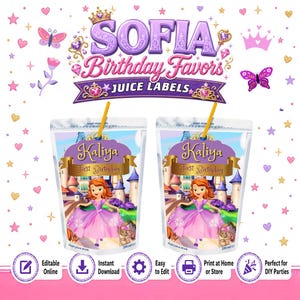 Princess Sofia Birthday - Juice Caprisun, EDIT Yourself in CANVA.