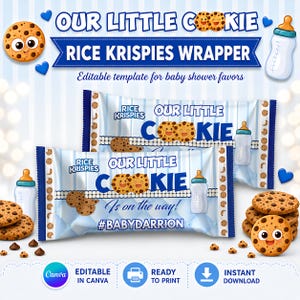 May include: Two rectangular Rice Krispies wrappers featuring a light blue striped background, a baby bottle illustration, and chocolate chip cookie graphics. The text reads: OUR LITTLE COOKIE, Is on the way!, and #BABYDARRION. Includes Canva, printer, and download icons.