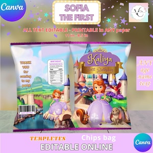 Może przedstawiać: Projekt torby na chipsy z tekstem "Sofia the First" i "Kaliya First Birthday". Projekt zawiera ilustrację księżniczki, zamek i tekst "Dziękuję za przybycie na moje przyjęcie!". Torba jest edytowalna i drukowana na dowolnym papierze.