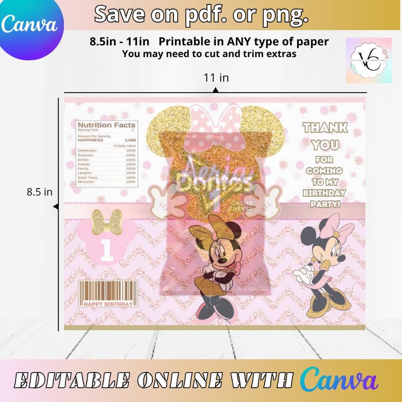May include: Pink and gold Minnie Mouse-themed birthday party favor bag design. The bag is 8.5 x 11 inches and features Minnie Mouse illustrations, the text "Thank You for Coming to My Birthday Party!", and the words "Aeria Doritos".