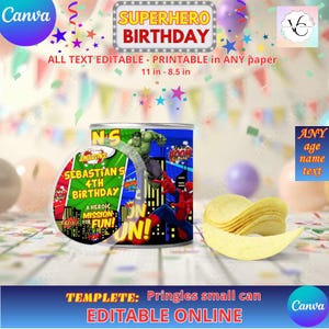 SuperHero Birthday - Pringles small can Template, EDIT Yourself in CANVA