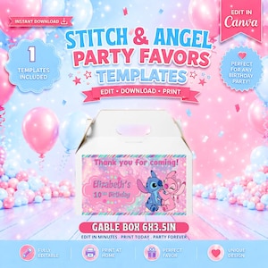 May include: A white gable box template measuring 6 by 3.5 inches featuring a pink and blue background with Stitch and Angel characters. The text reads Thank you for coming! Elizabeth's 10th Birthday. The design includes balloons and confetti.