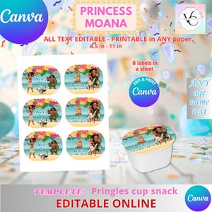 Pu&ograve; includere: Un foglio di sei etichette rotonde con personaggi del film "Moana" e la scritta "Ava's 6th Birthday". Le etichette sono progettate per uno snack in tazza Pringles e sono modificabili online. Il testo "Princess Moana" &egrave; in alto.