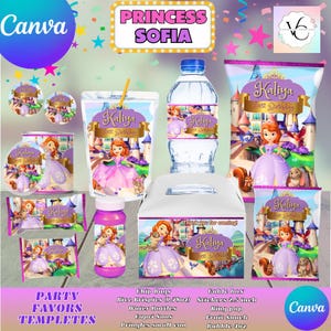 Może przedstawiać: Zestaw szablonów na upominki na przyjęcie z motywem księżniczki Zofii. Projekty obejmują etykiety na butelki z wodą, Capri Suns, torebki na chipsy i pudełko Gable. Schemat kolorów to głównie fiolet i róż, z ilustracjami księżniczki i zamku.