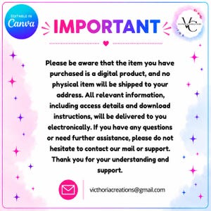 May include: A digital product notice with a pink and blue gradient background. The word "IMPORTANT" is in large, pink letters. The text explains that the item purchased is digital and will be delivered electronically. Contact information is provided.