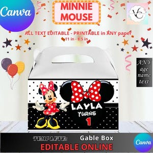 May include: A printable gable box template featuring Minnie Mouse with red polka dots and a red bow. The box is 11 inches by 8.5 inches and is editable online. The text on the box says "LAYLA TURNS 1".