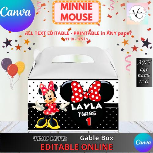Party Labels - Minnie Mouse red - - Gable box template, Edit Yourself in CANVA. Party Kit. Instant download