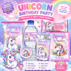 May include: A printable unicorn birthday party favor bundle with chip bags, rice krispies, water labels, Capri Suns, and stickers. The design includes a unicorn, rainbow, and the text "Legacy's 5th Birthday".