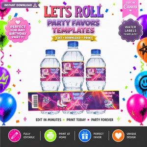 Puede incluir: Tres botellas de agua de plástico transparente con tapones azules, cada una con una etiqueta con el texto Let's Roll Party Favors Templates, Happy 8th Birthday y Bobbi Kay, decorada con patines, estrellas y gráficos de confeti de colores.