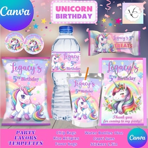 Einhorn 6 Partygeschenke: Chips, Wasser, Saft und mehr. Bearbeitbar in CANVA.