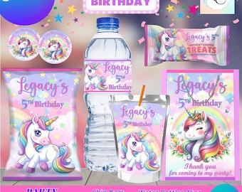 Unicorn 6 Party Favors: Chips, water, juice and more. Editable in CANVA.