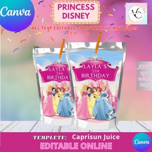 Princess - Juice Labels Template, capri sun EDIT Yourself in CANVA. Party Kit. Online template.