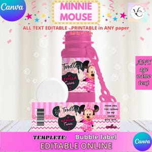 May include: Pink Minnie Mouse bubble bottle with a matching wand and label. The label reads "Toodles! Kenilla Turns 2" and includes the text "Thank you for coming to my party! with love..." The design is editable online.