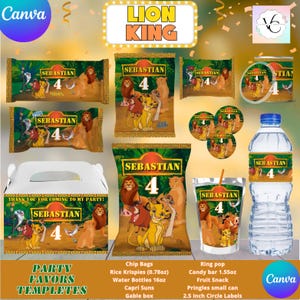 Puede incluir: Plantillas de favores de fiesta del Rey León con un león de dibujos animados y una escena de la jungla. Las plantillas incluyen etiquetas para bolsas de chips, Rice Krispies, botellas de agua, Capri Suns, cajas de gable, chupetes, barras de caramelo, refrigerios de frutas, Pringles y etiquetas circulares. Las plantillas están personalizadas con el nombre "Sebastian" y el número "4".