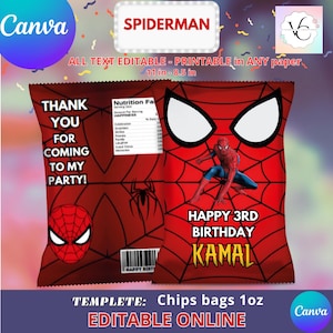 May include: Printable template for a Spiderman themed chip bag. The bag is red with a black spiderweb design and features a cartoon image of Spiderman. The text on the bag reads "Thank you for coming to my party!" and "Happy 3rd Birthday Kamal". The template is 11 inches by 8.5 inches.