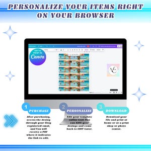 Puede incluir: Una pantalla de ordenador que muestra una plantilla de dise&ntilde;o de Canva con un dise&ntilde;o colorido de un personaje de dibujos animados. El texto en la pantalla dice "Edit & Print in Canva". La imagen tambi&eacute;n incluye tres pasos para personalizar y descargar el dise&ntilde;o: Compra, Personaliza y Descarga.