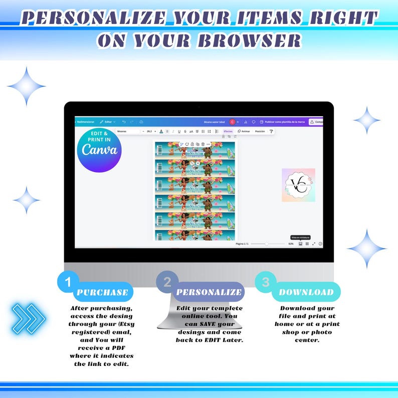 Puede incluir: Una pantalla de ordenador que muestra una plantilla de dise&ntilde;o de Canva con un dise&ntilde;o colorido de un personaje de dibujos animados. El texto en la pantalla dice "Edit & Print in Canva". La imagen tambi&eacute;n incluye tres pasos para personalizar y descargar el dise&ntilde;o: Compra, Personaliza y Descarga.
