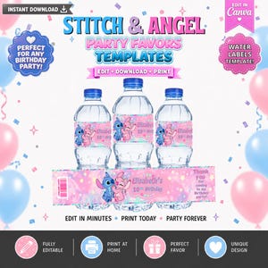 Puede incluir: Tres botellas de agua de plástico transparente con etiquetas personalizadas que muestran a los personajes azules Stitch y rosas Angel, estrellas y el texto Elizabeth's 10th Birthday sobre un fondo degradado rosa y azul con confeti.