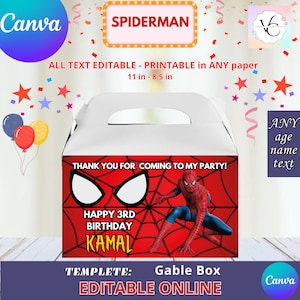Spiderman - Gable box template, Edit Yourself in CANVA. Party Kit. Instant download