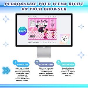 K&ouml;nnte beinhalten: Ein Computerbildschirm zeigt eine Vorlage f&uuml;r einen rosa-wei&szlig;en Chip-Beutel mit einem Minnie-Maus-Design. Der Text auf dem Beutel lautet "Oh Toodles!" und "Vielen Dank, dass du zu meiner Party gekommen bist, mit Liebe". Der Bildschirm ist in Canva, einer Grafikdesign-Plattform, ge&ouml;ffnet. Das Bild zeigt auch drei Schritte zum Anpassen und Herunterladen der Vorlage: Kaufen, Personalisieren und Herunterladen.