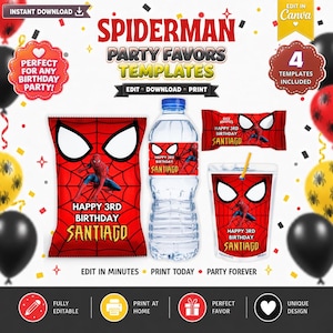 Op de afbeelding: Een digitale sjablonenset voor Spiderman-feestartikelen, inclusief een zakje chips, waterfleslabel, snoepreepverpakking en sapzakjeslabel. Elk item toont een rood spinnenwebpatroon, een Spiderman-afbeelding en de tekst Happy 3rd Birthday Santiago.