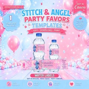 Puede incluir: Dos botellas de agua de plástico transparente con etiquetas personalizadas que muestran a los personajes Stitch y Angel, estrellas rosas y azules, y el texto Elizabeth's 10th Birthday. Las etiquetas son rosas y azules con un patrón de confeti sobre un fondo de globos.