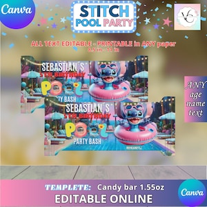 Stitch Pool Party - Candy bar Template, EDIT Yourself in CANVA