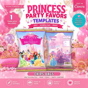 Può includere: Modelli di bomboniere a tema principessa rosa con la scritta "Princess Party Favors Templates". Il design include immagini di principesse Disney, una carrozza rosa e palloncini. È visibile anche la scritta "Layla's 5th Birthday".