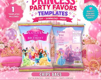 Vorlage für eine Prinzessinnen-Chipstüte, selbst in Canva bearbeiten. Party-Set. Online-Vorlage.