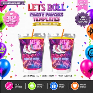 Puede incluir: Dos bolsas de jugo transparentes con un gráfico de patines, el texto "LET'S ROLL", "Happy 8th Birthday" y el nombre "Bobbi-Kay". El diseño incluye un fondo de cuadrícula estilo neón con confeti de colores y globos alrededor de las bolsas.