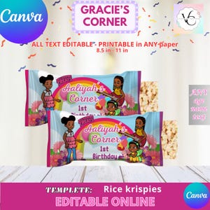 Puede incluir: Plantilla imprimible para golosinas de arroz crujiente con una niña de dibujos animados, un arcoíris y el texto "Aaliyah's Corner 1st Birthday". La plantilla mide 8,5 pulgadas por 11 pulgadas y es editable en línea.