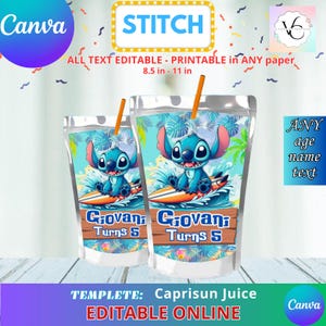 Party Labels - Stitch - Juice Labels Template, capri sun EDIT Yourself in CANVA. Party Kit. Online template.