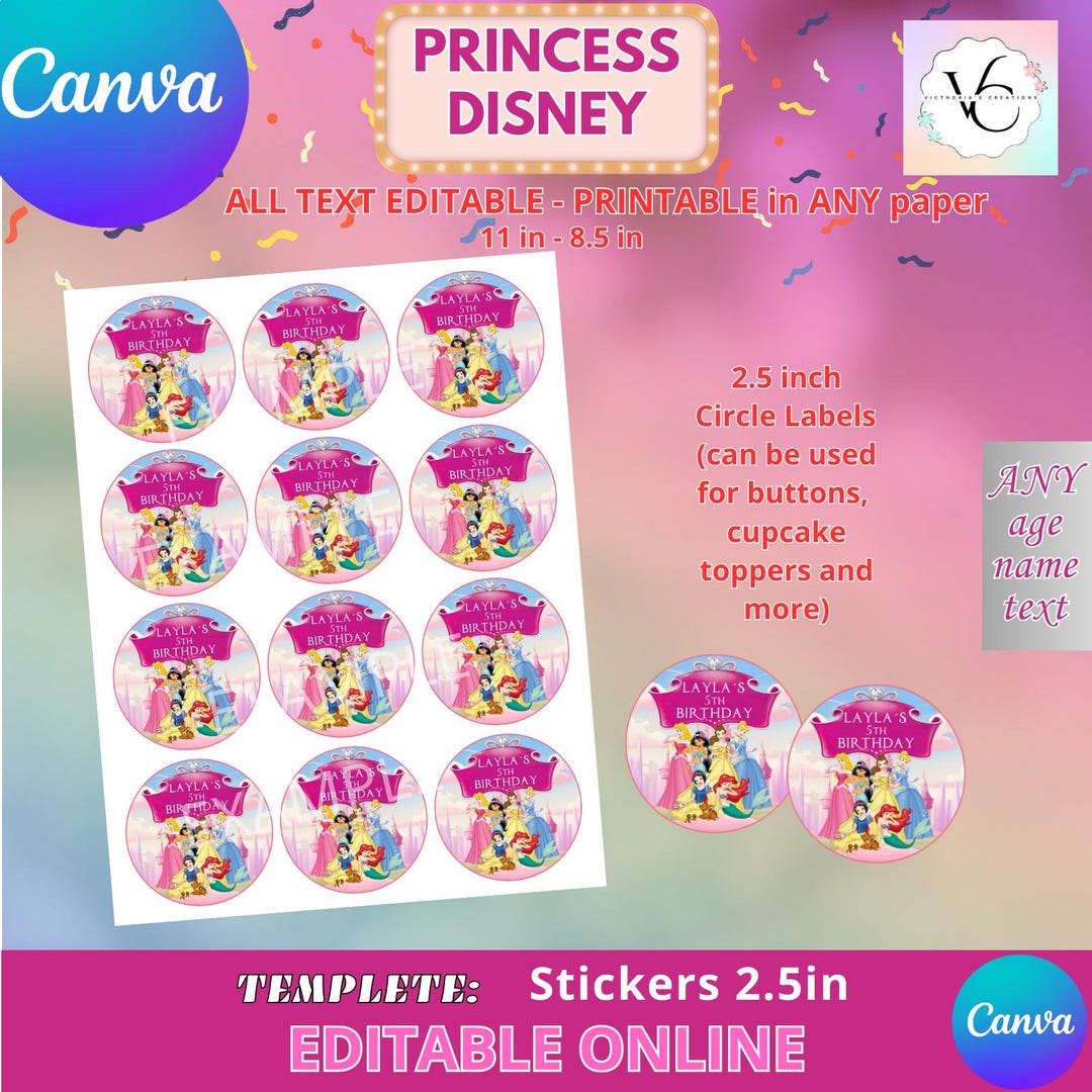 Princesscore Stickers Princess - Stickers 2.5in Template, EDIT Yourself in CANVA. Party Kit ...