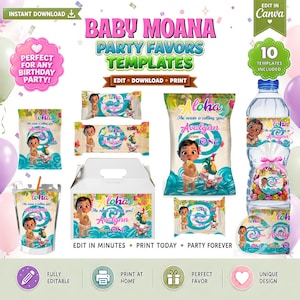 May include: A digital template set for Baby Moana party favours featuring pink and blue text, tropical graphics, and the name Avalynn. Includes designs for candy wrappers, chip bags, juice pouches, water bottle labels, and a treat box.