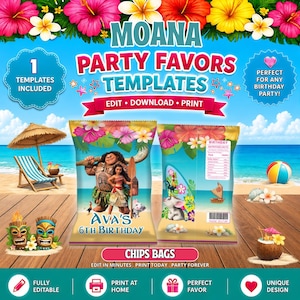 May include: A colourful image promoting "Moana Party Favours Templates" with hibiscus flowers and beach scenes. The design includes chip bags with Moana characters, text "Ava's 6th Birthday", and other party graphics. The text says "Edit, Download, Print".