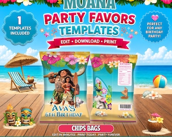 Party Labels - Princess Moana - Birthday- GIRL Birthday -  chips bag Template, EDIT Yourself in CANVA. Party Kit. Online template.