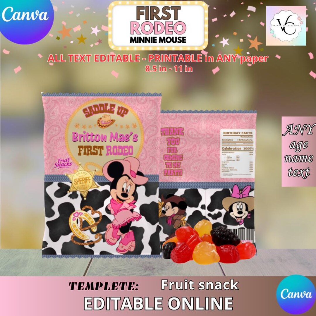First Rodeo Minnie Mouse Birthday - Fruit Snack Template, EDIT Yourself ...