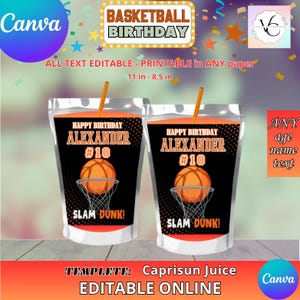 Basketball Juice Caprisun Template, EDIT Yourself in CANVA. Party Kit. Online template.