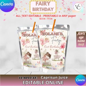 Party Labels - Fairy Birthday - Juice Labels Template, capri sun EDIT Yourself in CANVA. Party Kit. Online template.