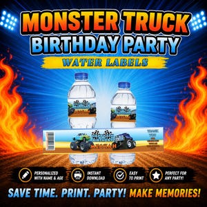 May include: Two clear plastic water bottles featuring custom labels with a monster truck theme. The labels display the text "Happy 5th Birthday Messiah" alongside illustrations of monster trucks and checkered flags on a blue and orange background.